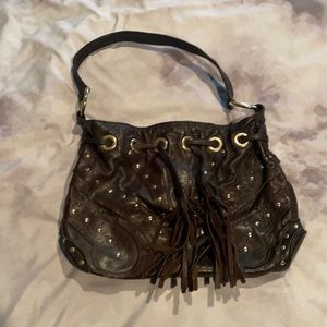 Brown leather Bulga bag with gold grommets